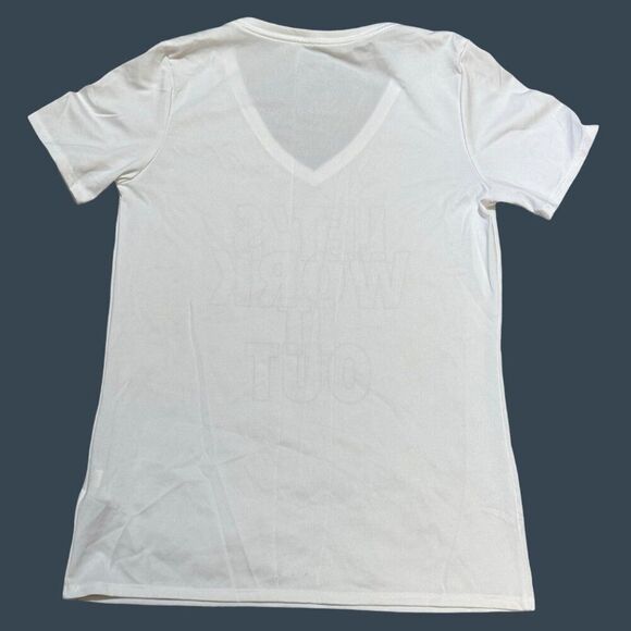 Nike M White Dri-Fit Tee "Lets Work It Out" Athletic Cut V Neck Womens Gym Shirt - Picture 5 of 5